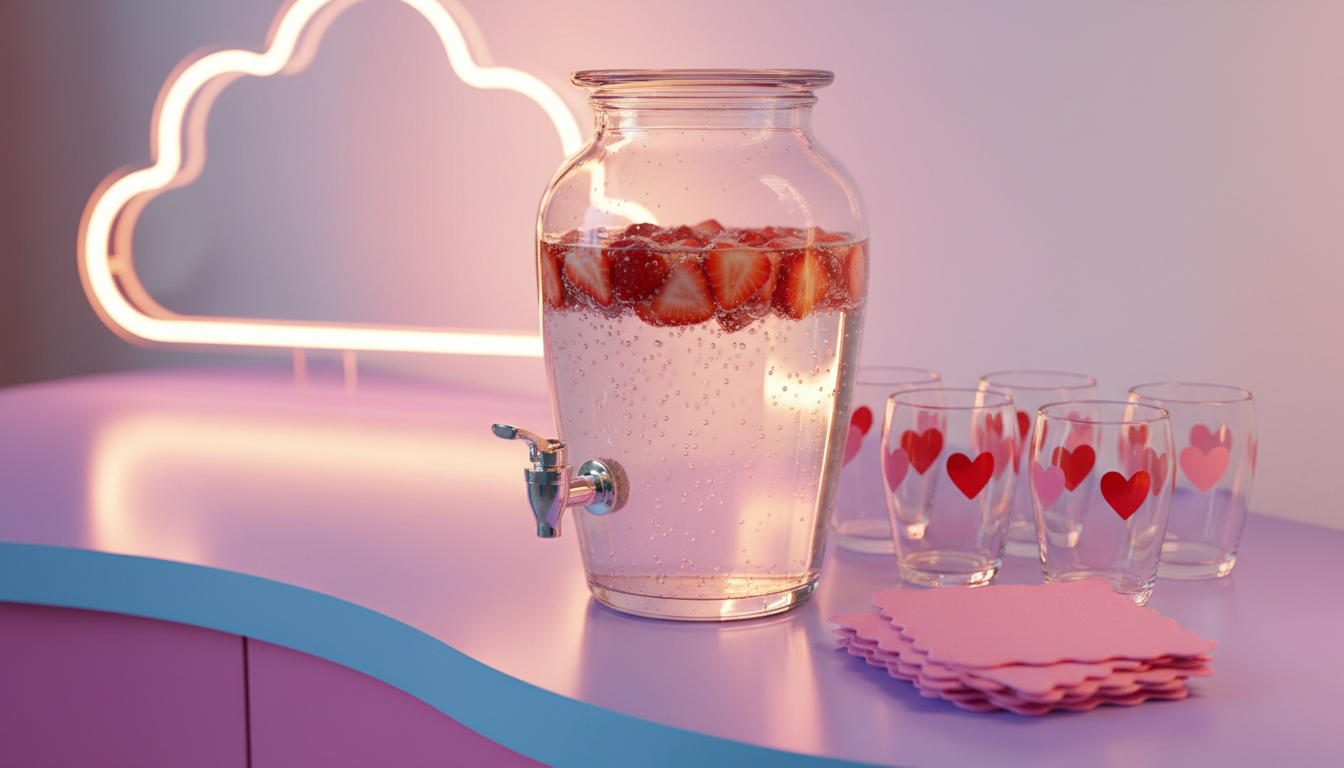 A chic refreshment station featuring a glossy, curved beverage dispenser filled with sparkling strawberry water, set atop a smooth lavender countertop edged in rounded baby blue trim. Nearby are glass tumblers with playful heart motifs and pink cotton napkins with scalloped edges. The background features a softly blurred neon sign shaped like a cloud, radiating gentle pink and white glows. The artificial, warm-toned lighting creates lively highlights and bounces off glass surfaces for an energetic yet inviting effect. Captured from a slightly elevated angle, the composition feels festive and approachable, emphasizing community celebration in a photographic, modern, and colorful style.